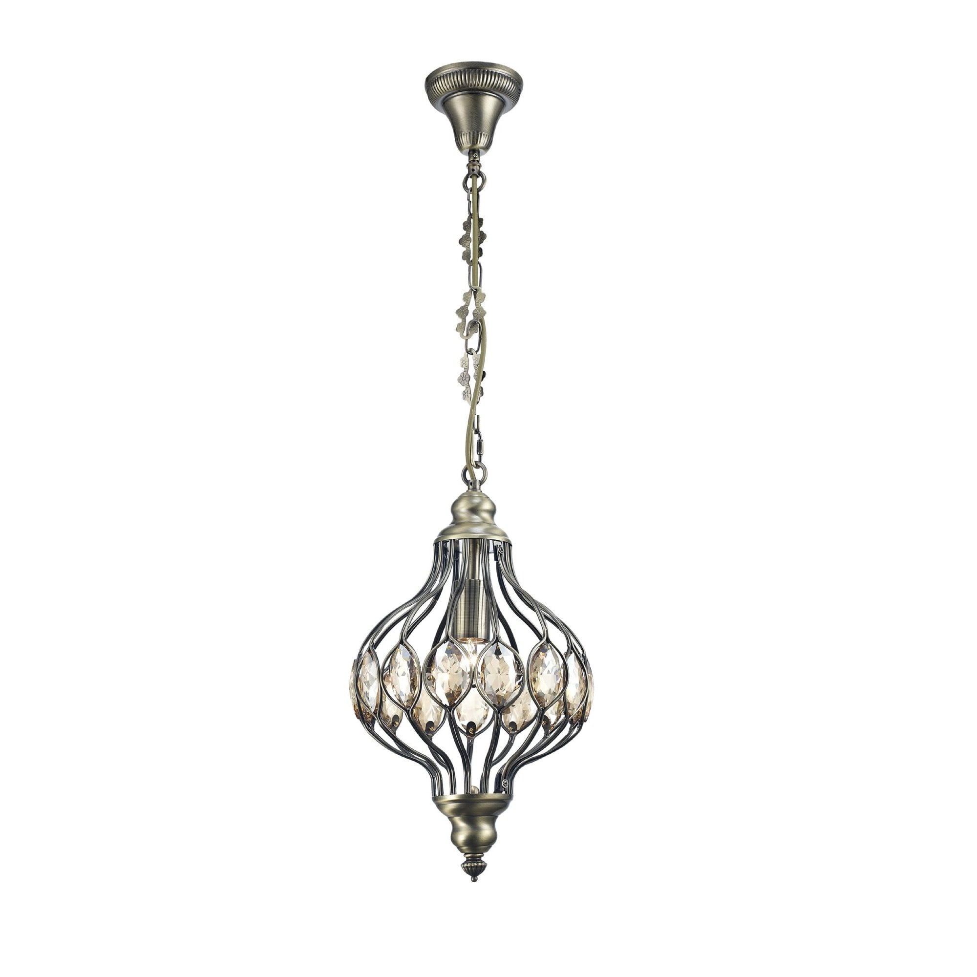 IL31570 Marisa Single Pendant 1 Light E27 Antique Brass/Amber Crystal