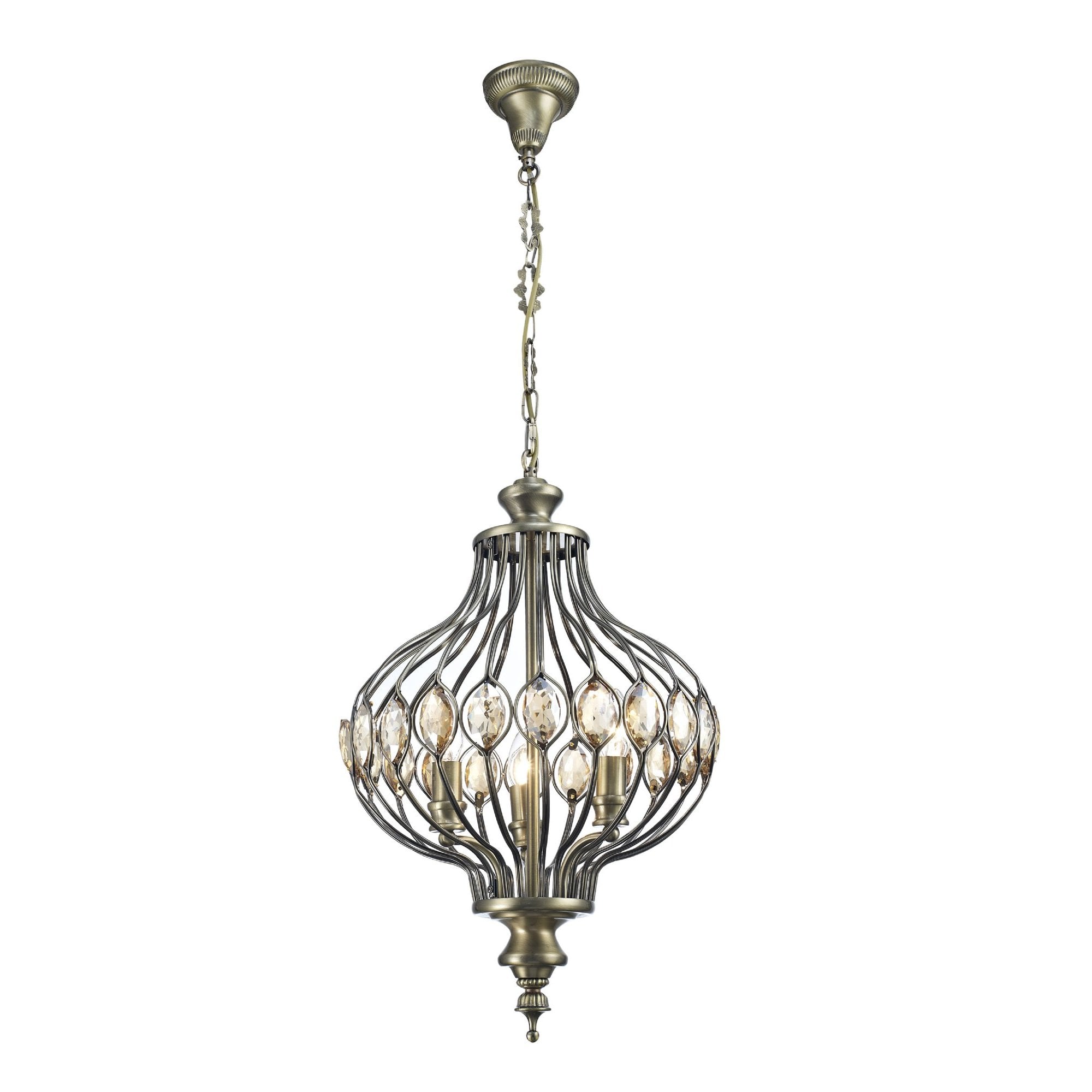 IL31571 Marisa Single Pendant 3 Light E14 Antique Brass/Amber Crystal