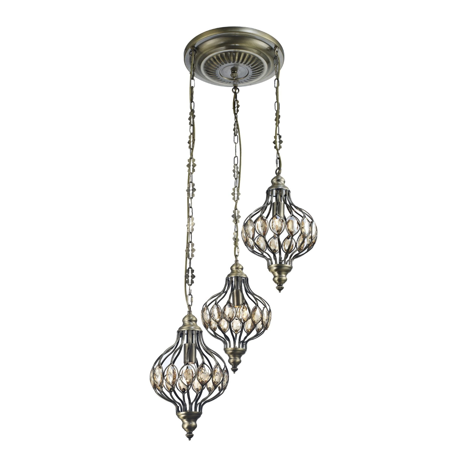 IL31572 Marisa Triple Pendant Round 3 Light E27 Antique Brass/Amber Crystal