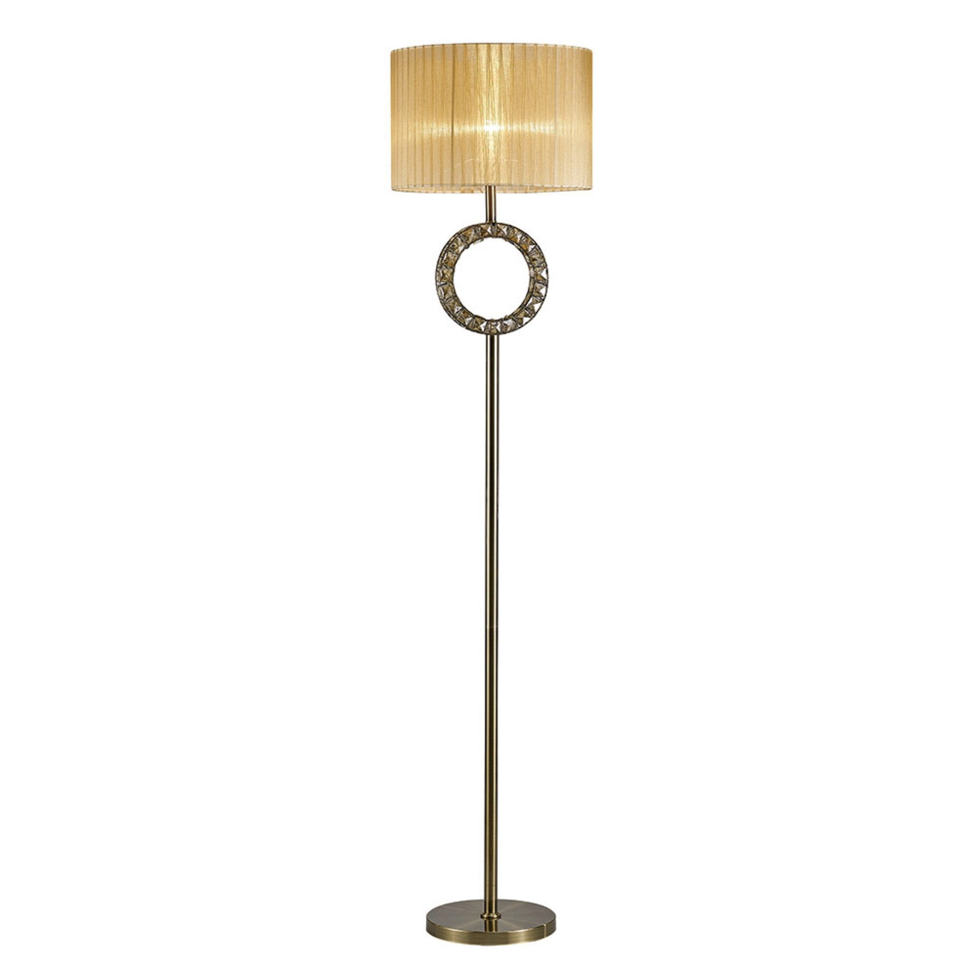IL31721 Florence Round Floor Lamp With Soft Bronze Shade 1 Light Antique Brass/Crystal