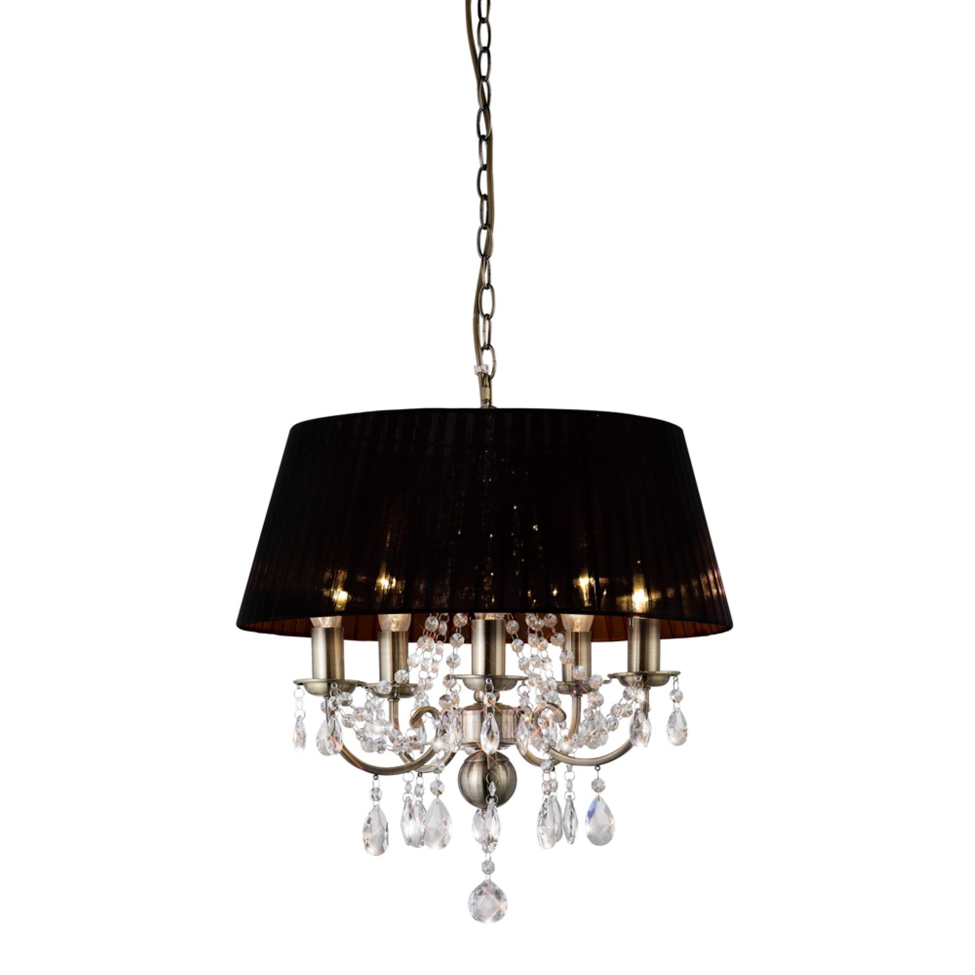IL30047 Olivia Pendant With Black Shade 5 Light Antique Brass/Crystal