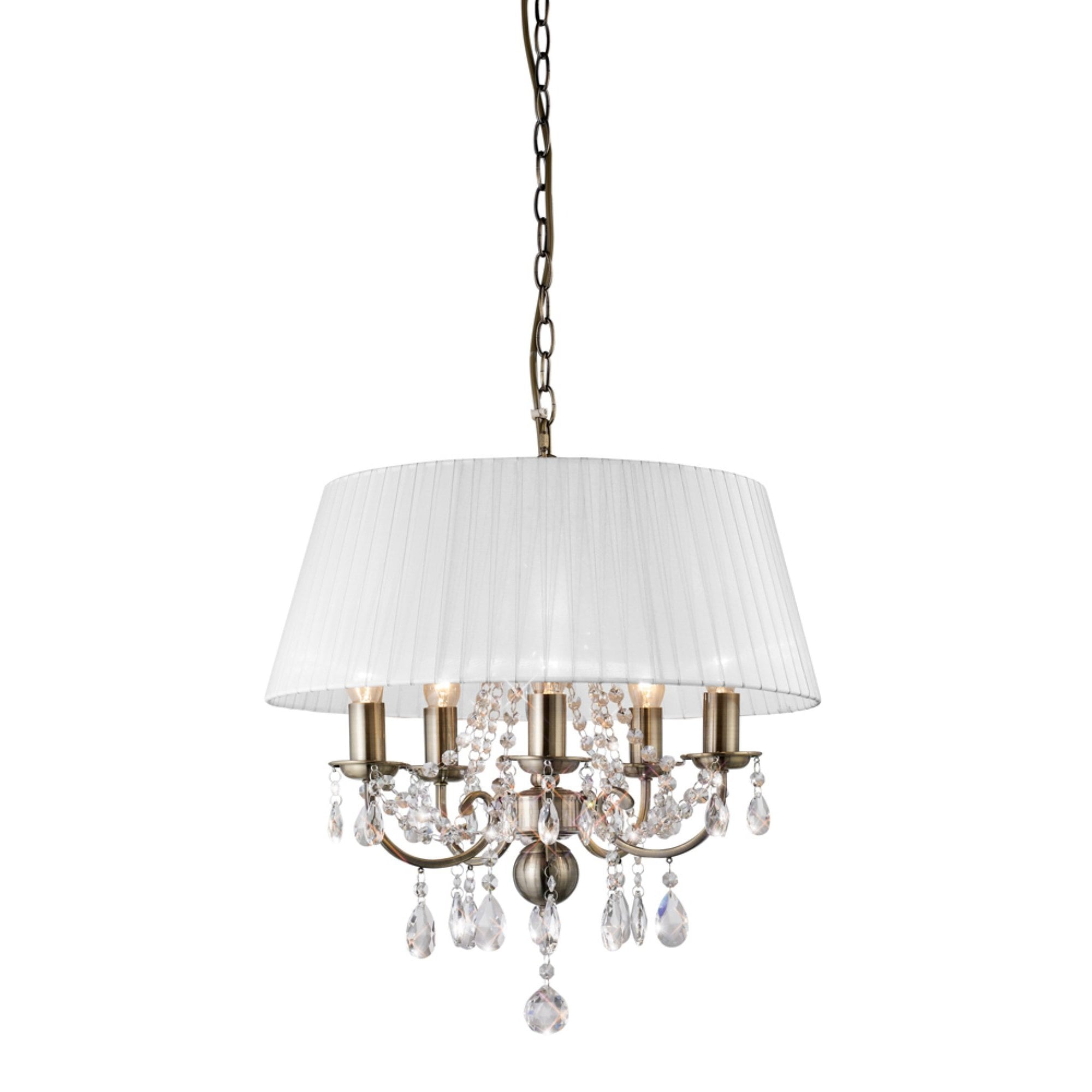 IL30047 Olivia Pendant With White Shade 5 Light Antique Brass/Crystal