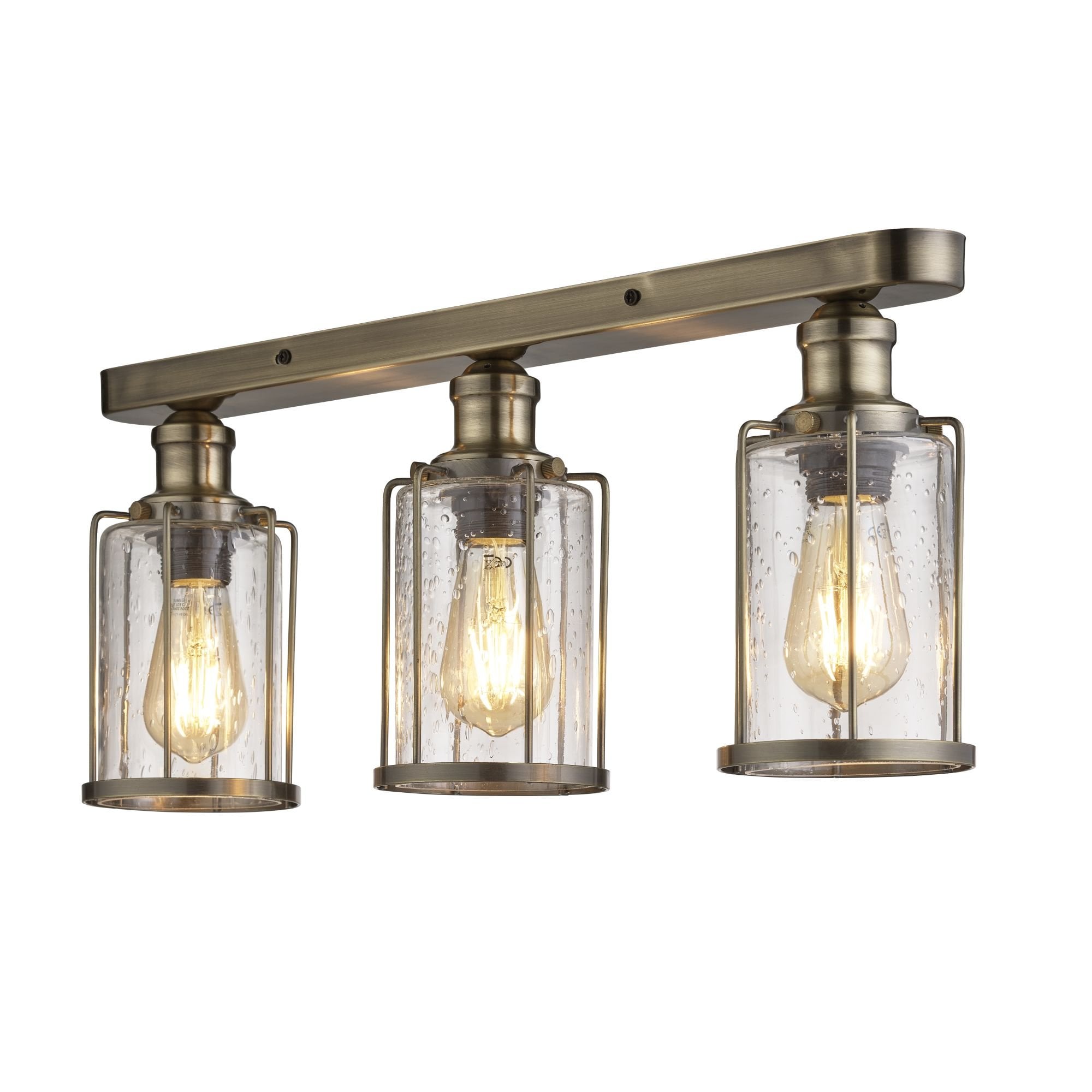 1263-3AB Pipes 3 Light Flush Antique Brass With Seeded Glass