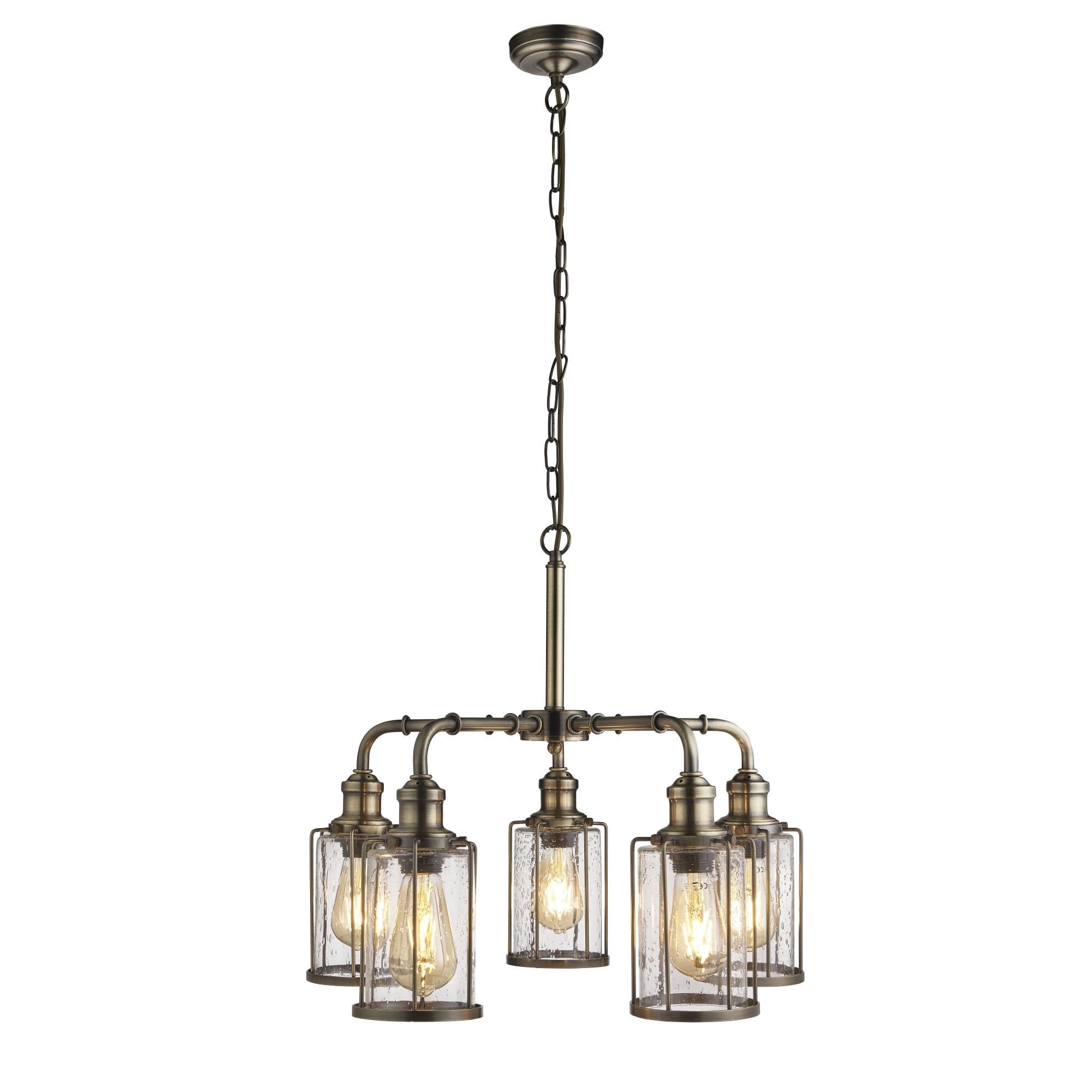 1265-5AB Pipes 5 Light Pendant Antique Brass With Seeded Glass
