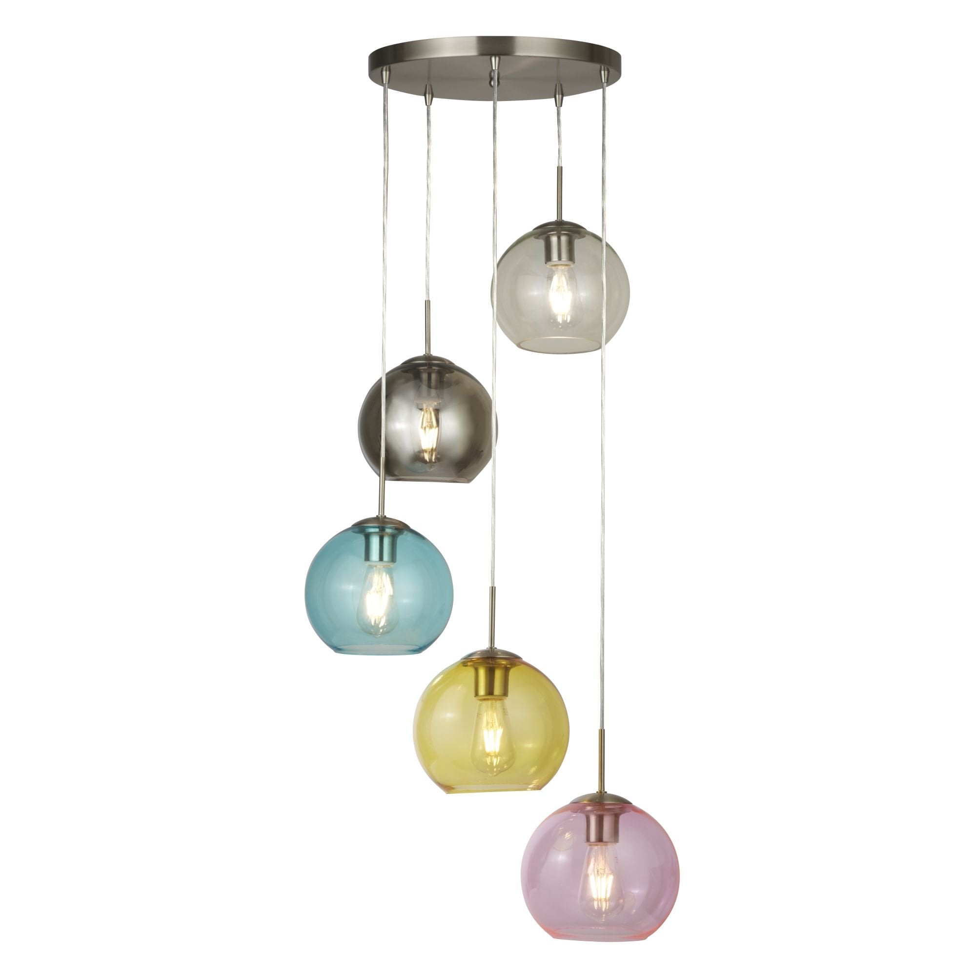 8135-5SS Mardi Gras 5 Light Pendant Satin Silver Multi Coloured Glass