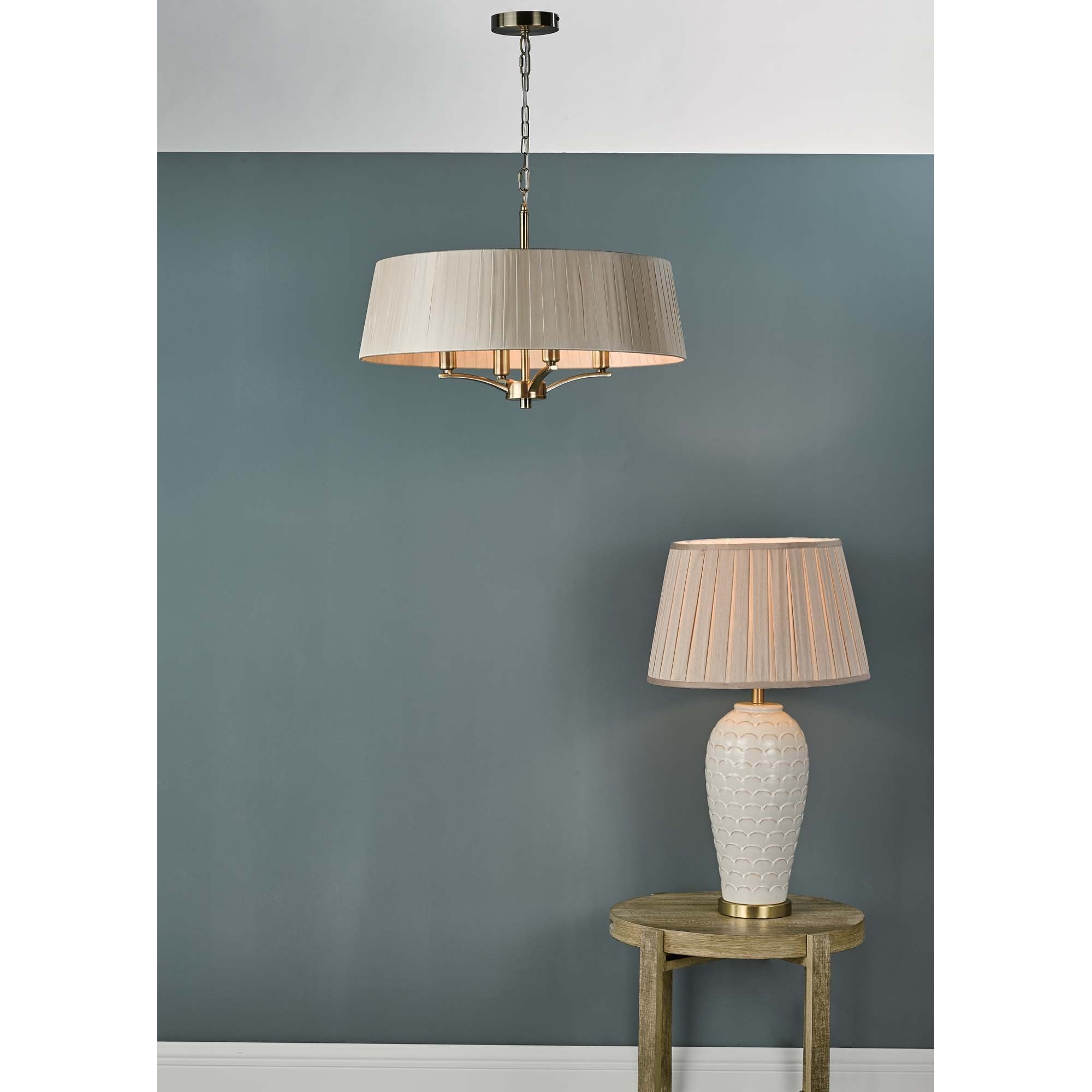 Dar CRI0429 Cristin 4 Light Pendant Antique Brass With Taupe Ribbon Shade