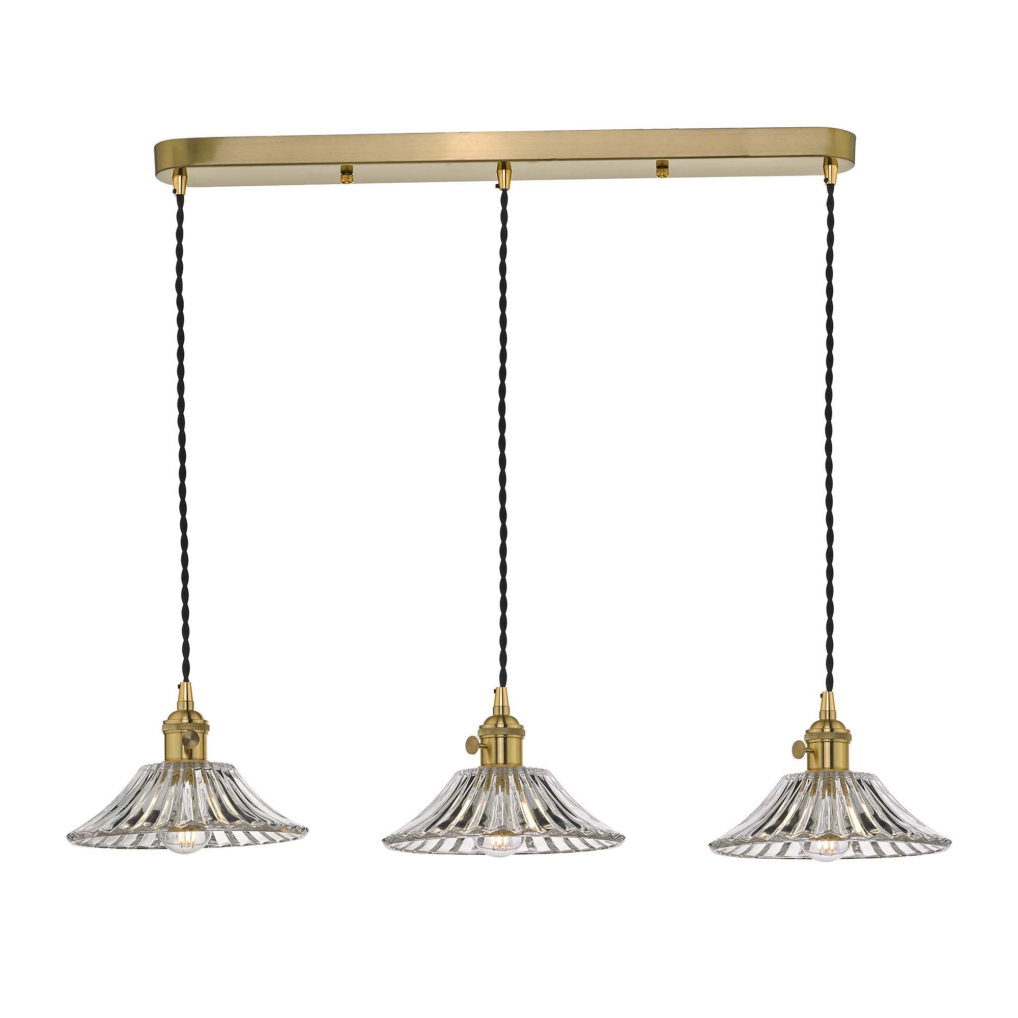 Dar HAD3640-04 Hadano 3 Light Suspension Natural Brass With Flared Glass Shades