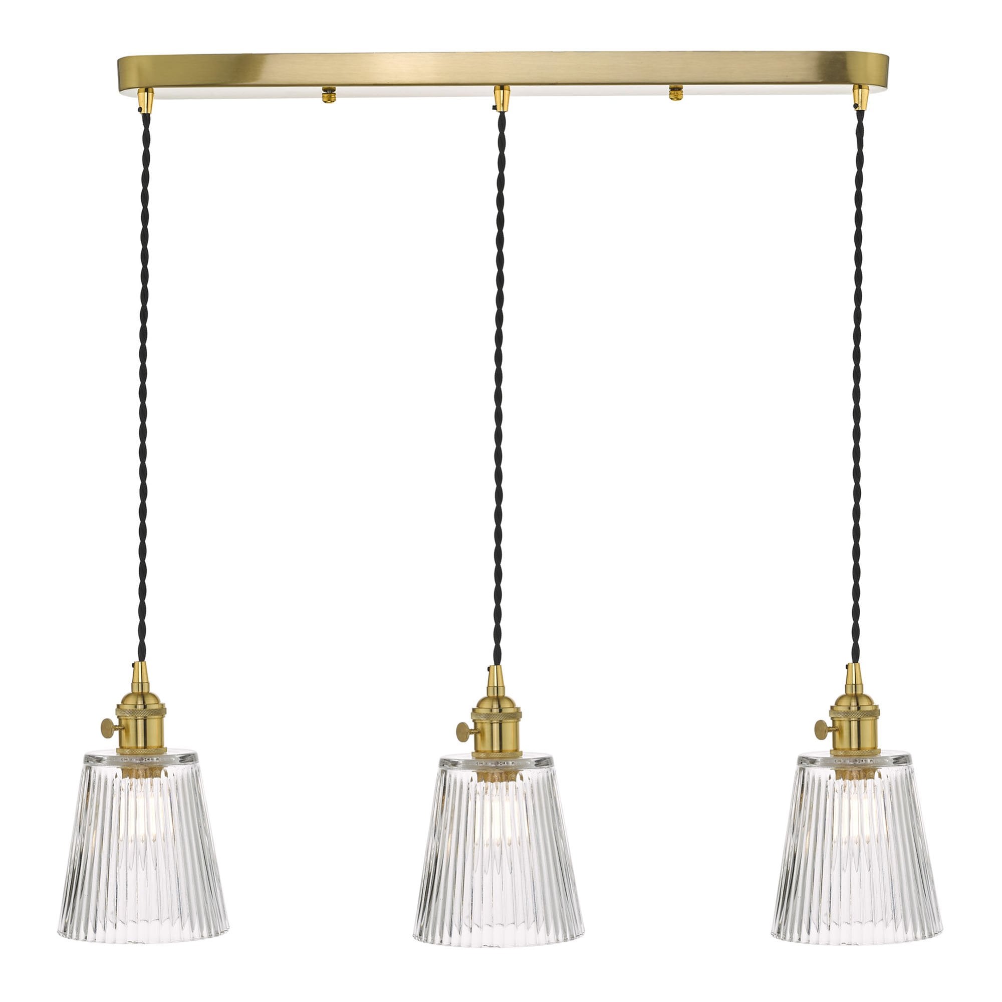 Dar HAD3640-05 Hadano 3 Light Suspension Natural Brass With Ribbed Glass Shades