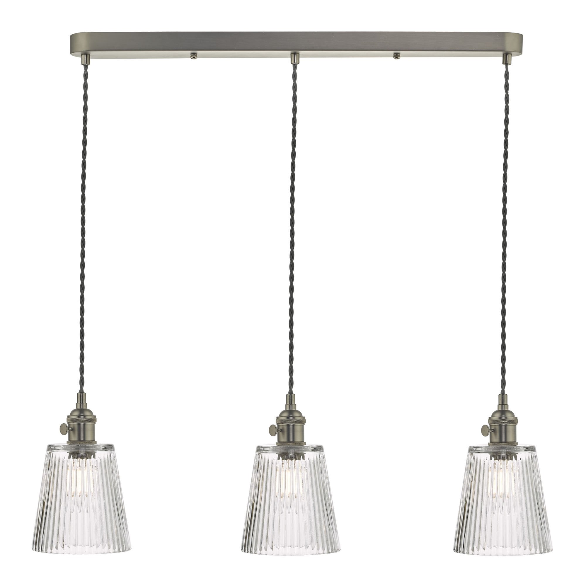 Dar HAD3661-05 Hadano 3 Light Suspension Antique Chrome With Ribbed Glass Shades
