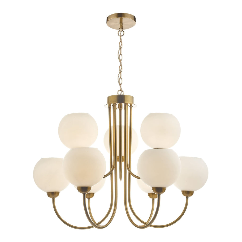 Dar IND1335 Indra 9 Light Pendant Natural Brass With Opal Glass