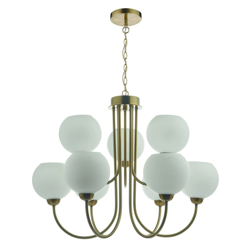 Dar IND1335 Indra 9 Light Pendant Natural Brass With Opal Glass