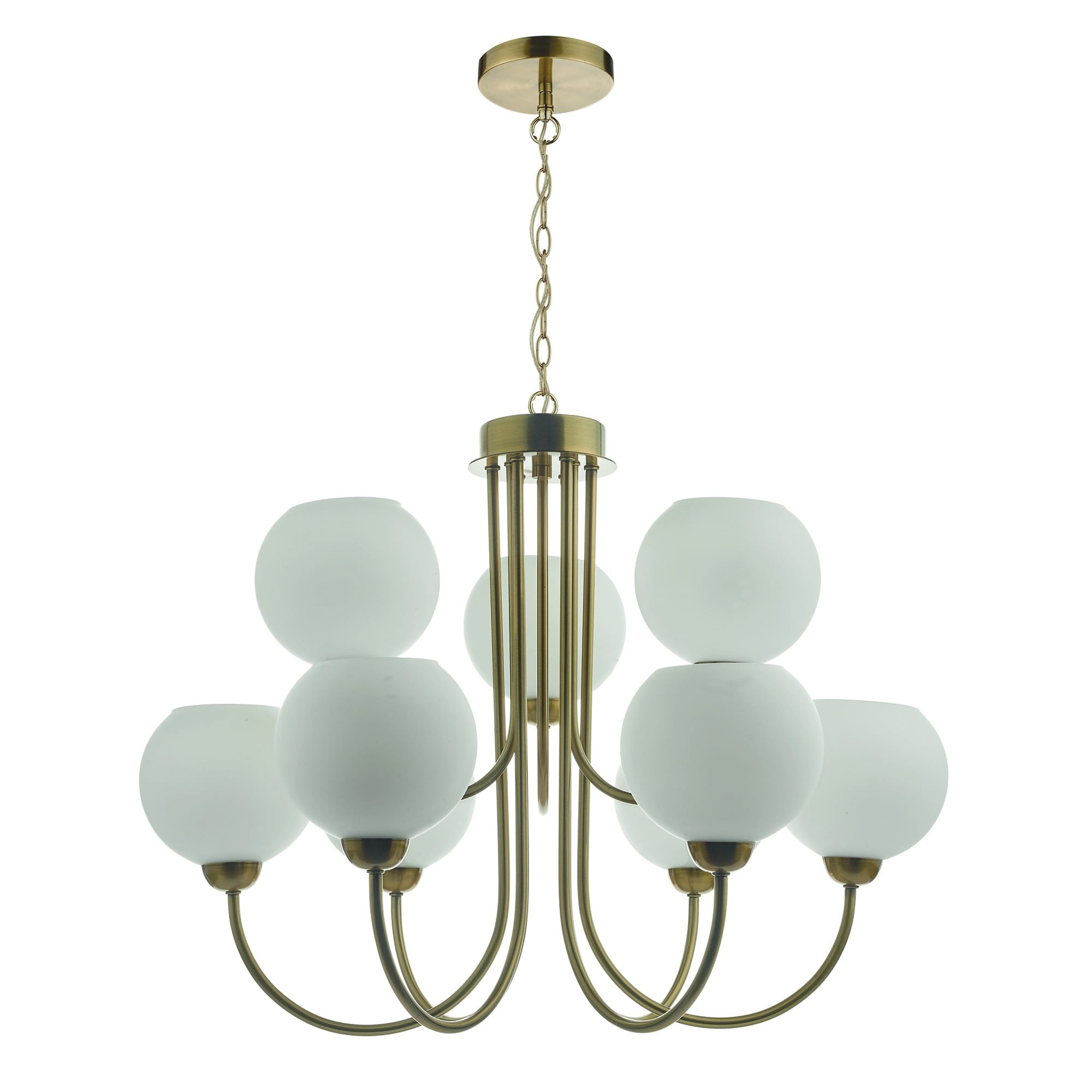 Dar IND1335 Indra 9 Light Pendant Natural Brass With Opal Glass