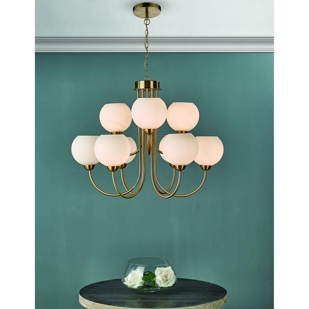 Dar IND1335 Indra 9 Light Pendant Natural Brass With Opal Glass