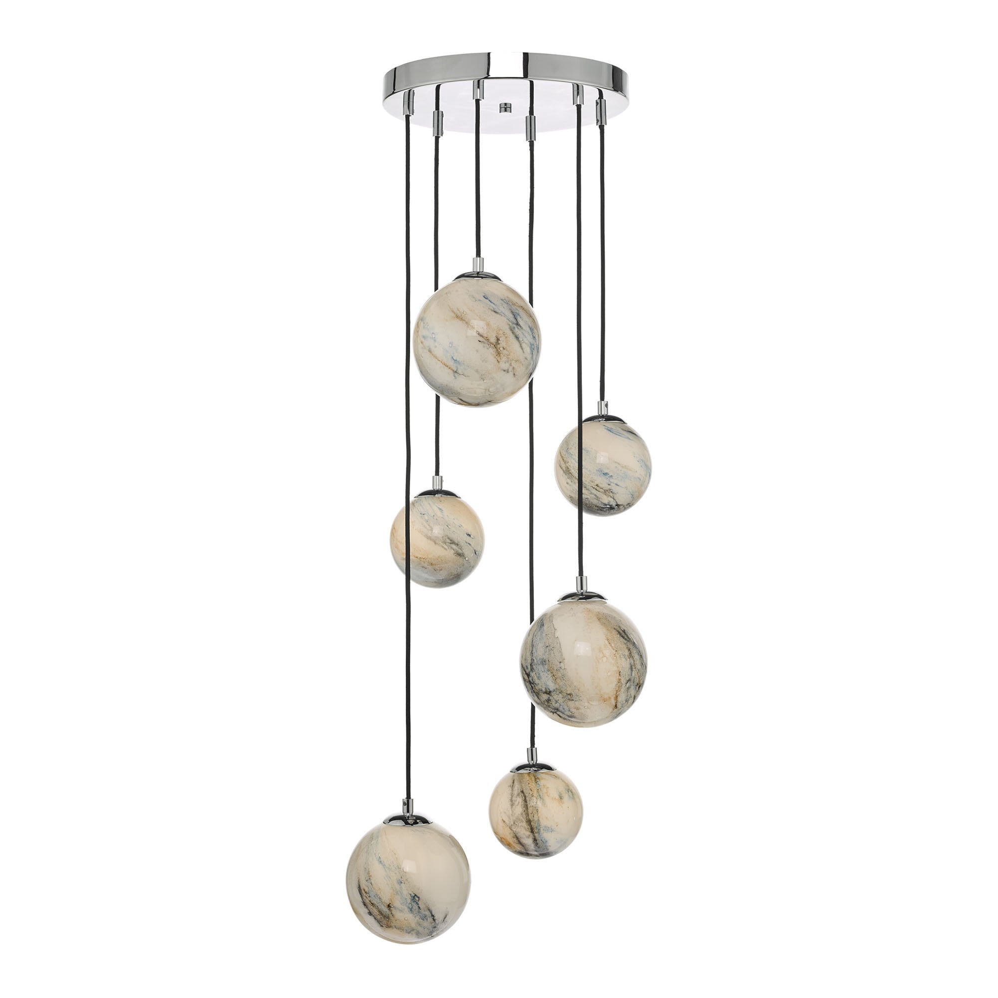 Dar MIK0650 Mikara 6 Light Cluster Pendant Marble Effect Glass And Polished Chrome