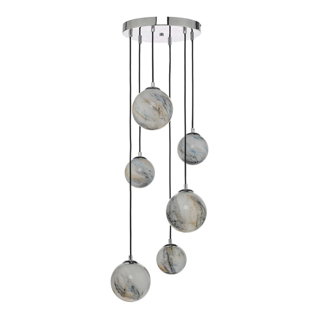 Dar MIK0650 Mikara 6 Light Cluster Pendant Marble Effect Glass And Polished Chrome