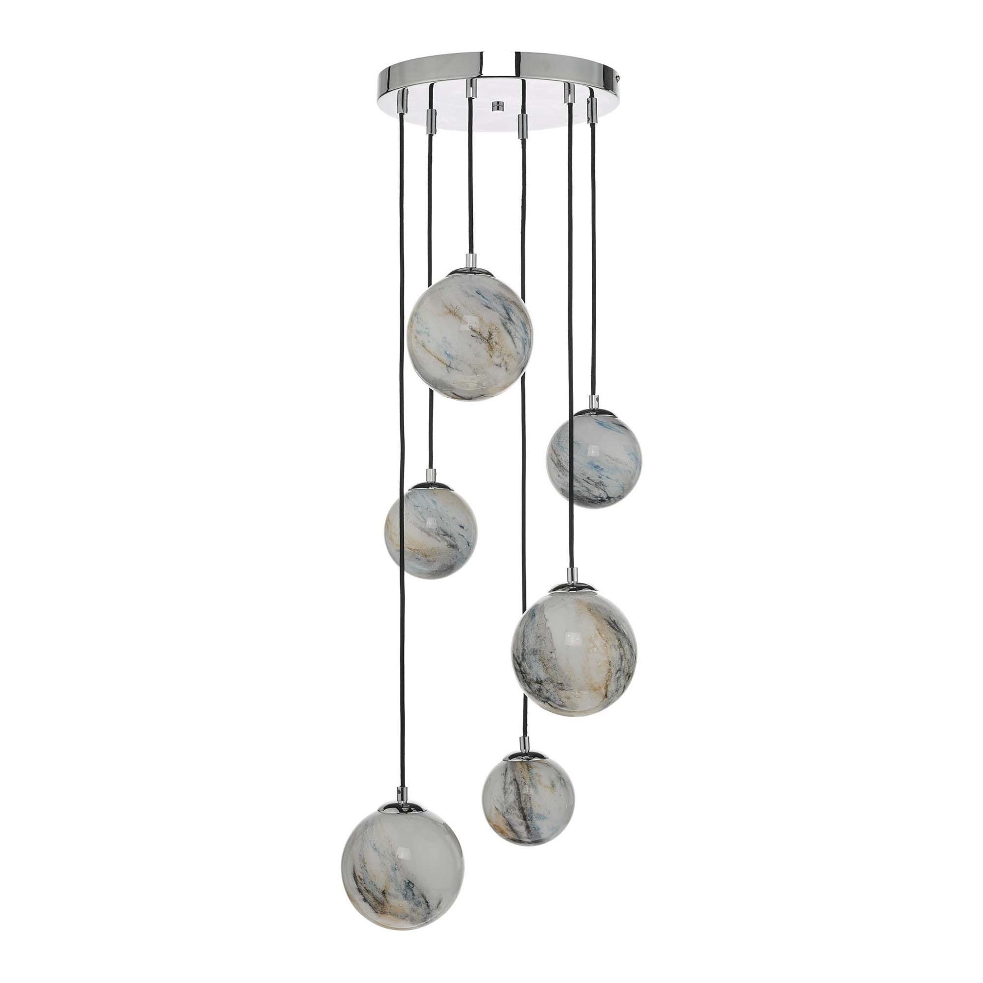 Dar MIK0650 Mikara 6 Light Cluster Pendant Marble Effect Glass And Polished Chrome