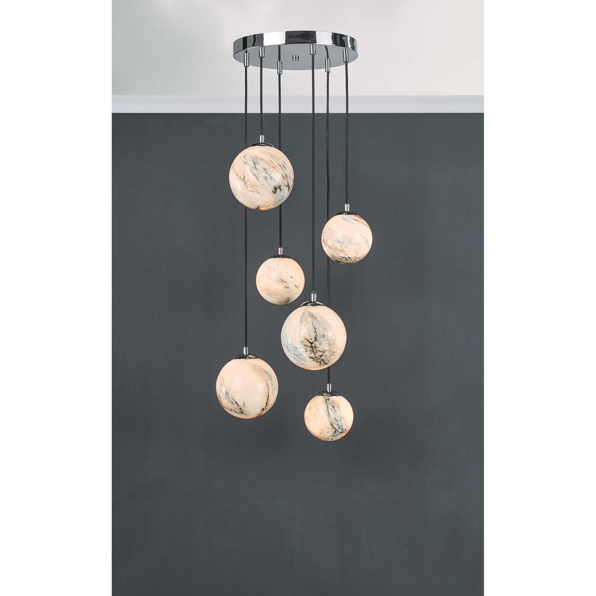 Dar MIK0650 Mikara 6 Light Cluster Pendant Marble Effect Glass And Polished Chrome