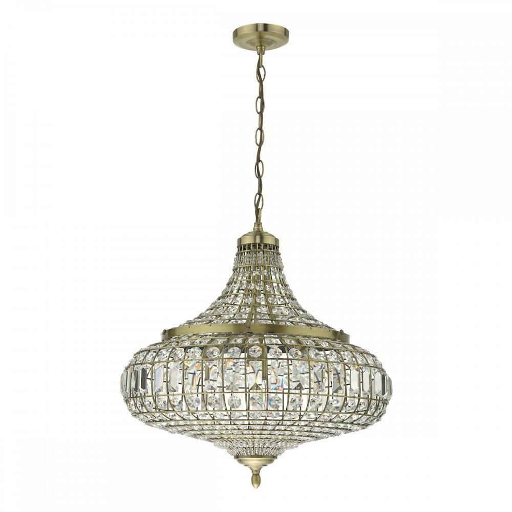 Dar ASM0675 Asmara 6 Light Pendant Antique Brass Crystal