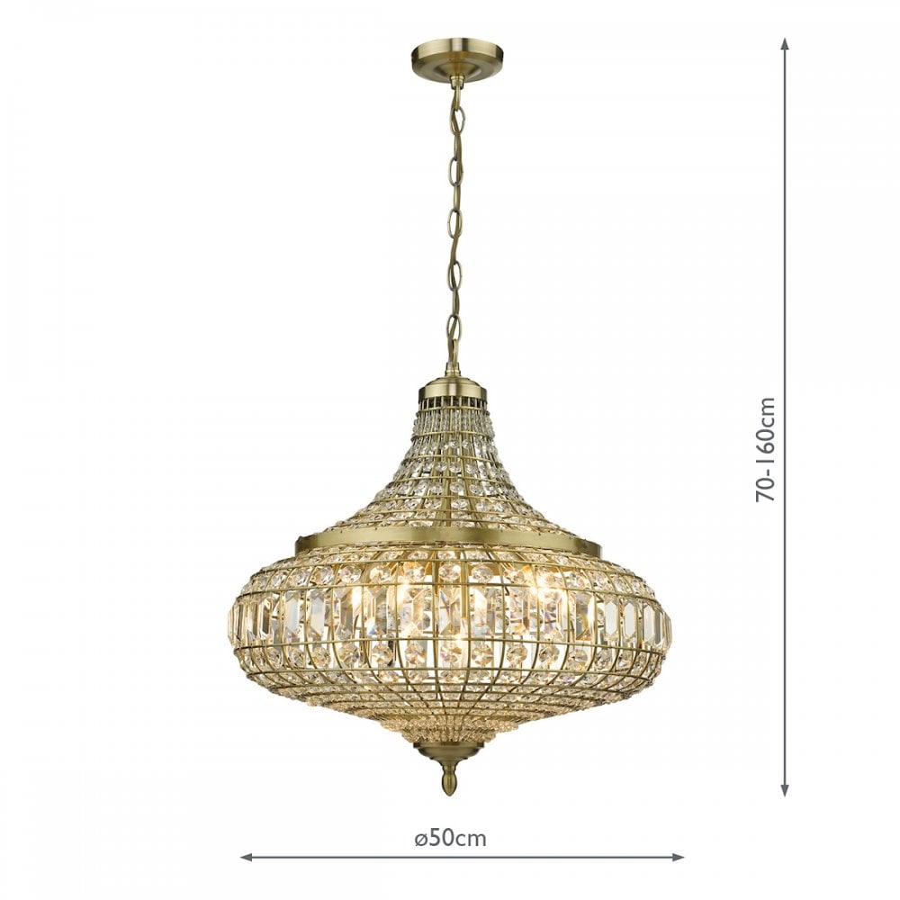Dar ASM0675 Asmara 6 Light Pendant Antique Brass Crystal