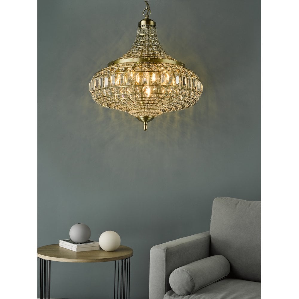 Dar ASM0675 Asmara 6 Light Pendant Antique Brass Crystal