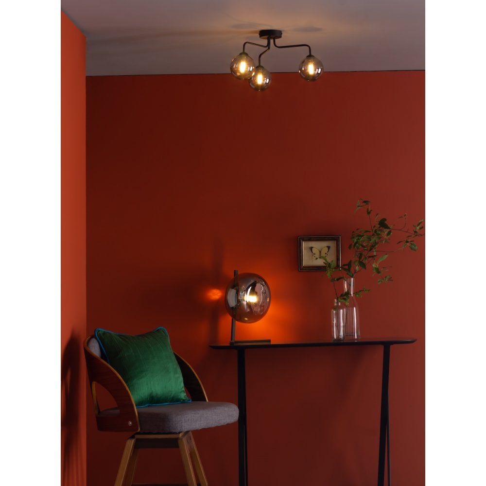 Dar FEY0322-01 Feya 3 Light Semi Flush Ceiling Light Matt Black Smoked Glass