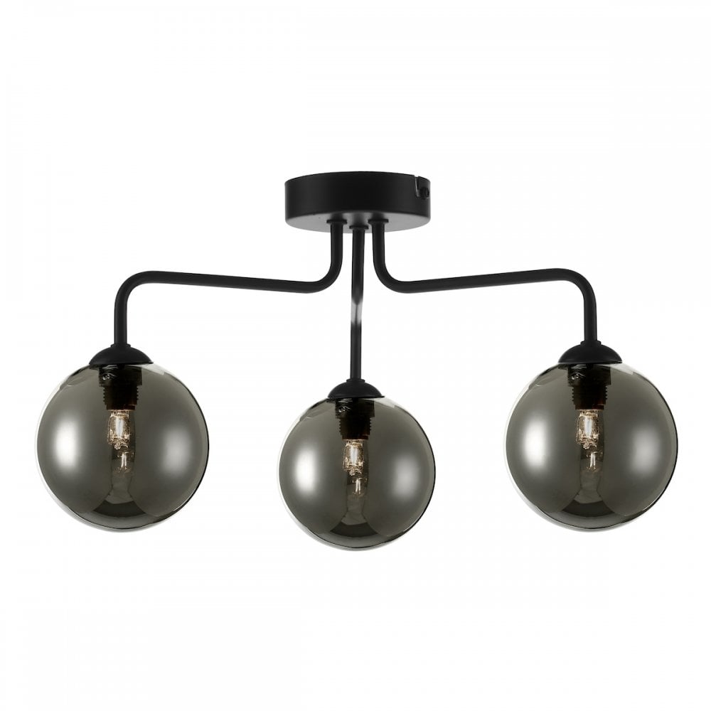 Dar FEY0322-01 Feya 3 Light Semi Flush Ceiling Light Matt Black Smoked Glass