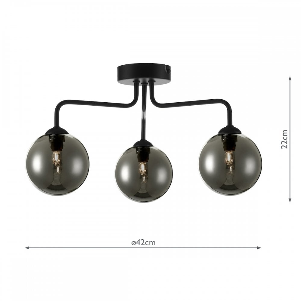Dar FEY0322-01 Feya 3 Light Semi Flush Ceiling Light Matt Black Smoked Glass
