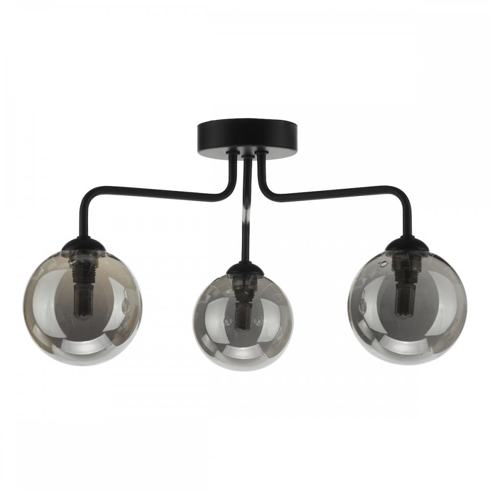 Dar FEY0322-01 Feya 3 Light Semi Flush Ceiling Light Matt Black Smoked Glass