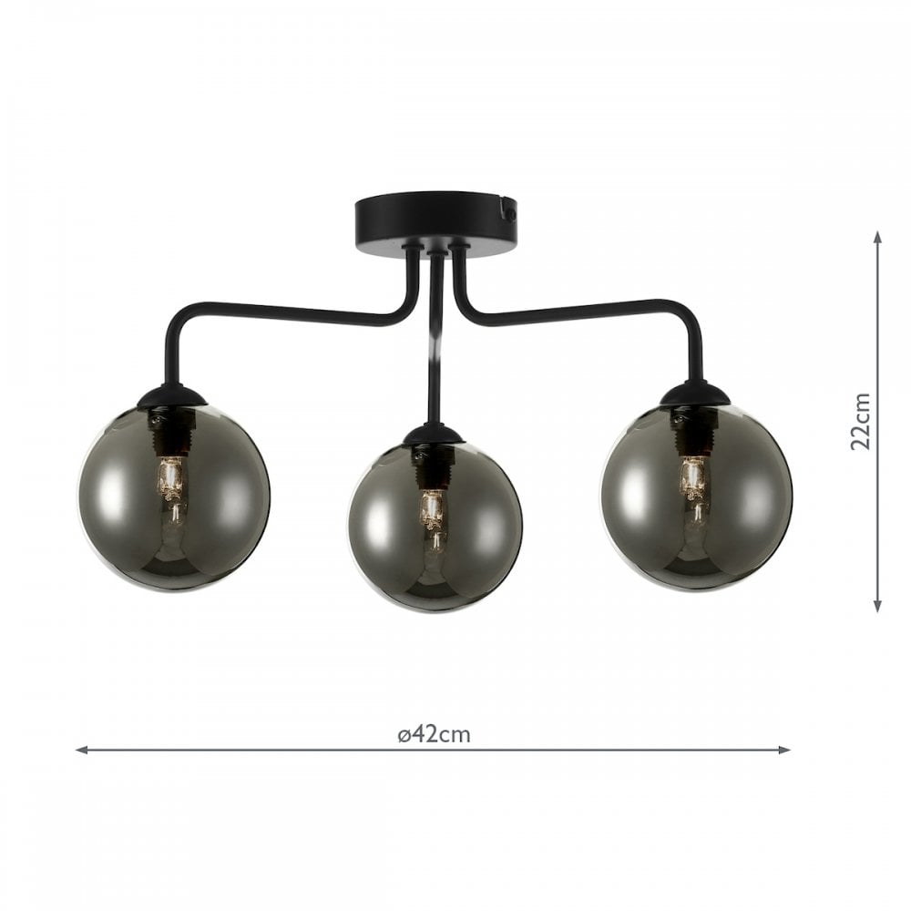 Dar FEY0322-01 Feya 3 Light Semi Flush Ceiling Light Matt Black Smoked Glass