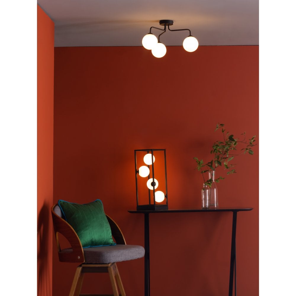 Dar FEY0322-02 Feya 3 Light Semi Flush Ceiling Light Matt Black Opal Glass