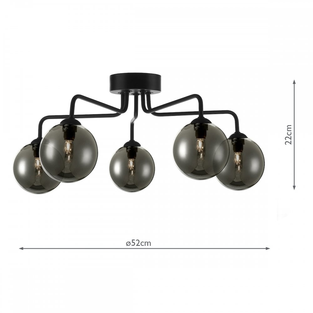 Dar FEY0522-01 Feya 5 Light Semi Flush Ceiling Light Matt Black Smoked Glass