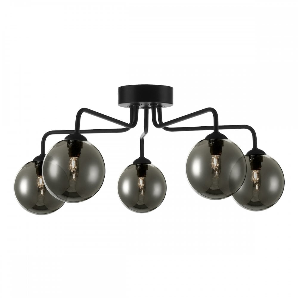 Dar FEY0522-01 Feya 5 Light Semi Flush Ceiling Light Matt Black Smoked Glass