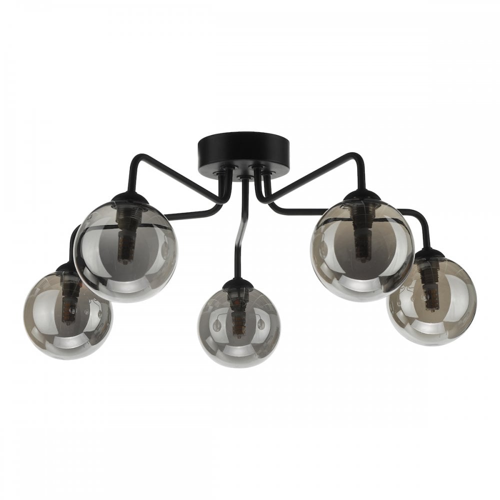 Dar FEY0522-01 Feya 5 Light Semi Flush Ceiling Light Matt Black Smoked Glass