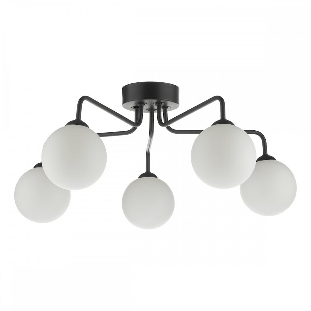 Dar FEY0522-02 Feya 5 Light Semi Flush Ceiling Light Matt Black Opal Glass