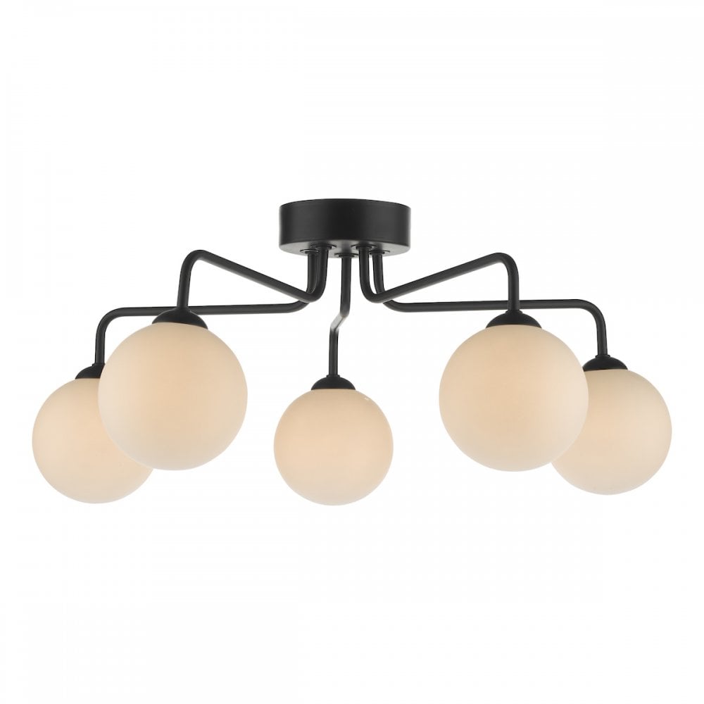 Dar FEY0522-02 Feya 5 Light Semi Flush Ceiling Light Matt Black Opal Glass