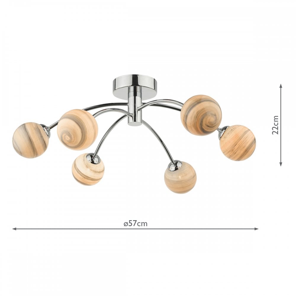 Dar IZZ0650-07 Izzy 6 Light Semi Flush Polished Chrome Swirl Glass