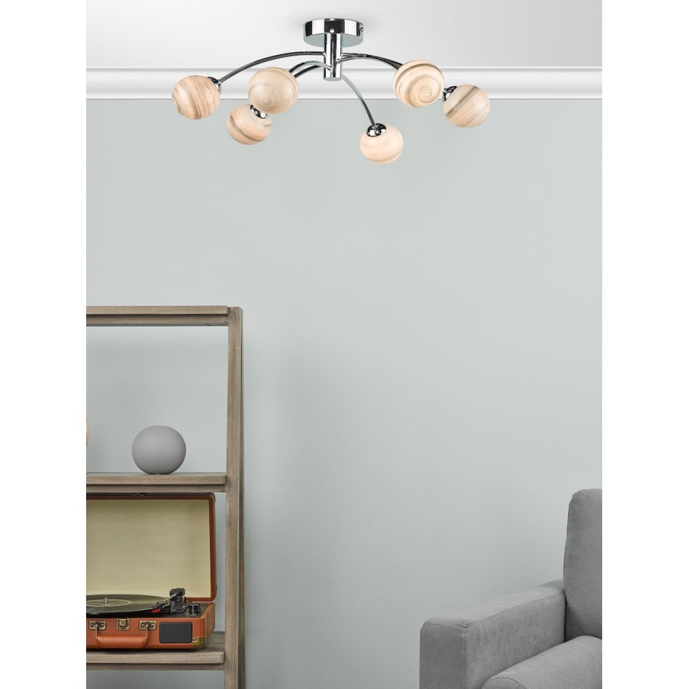 Dar IZZ0650-07 Izzy 6 Light Semi Flush Polished Chrome Swirl Glass