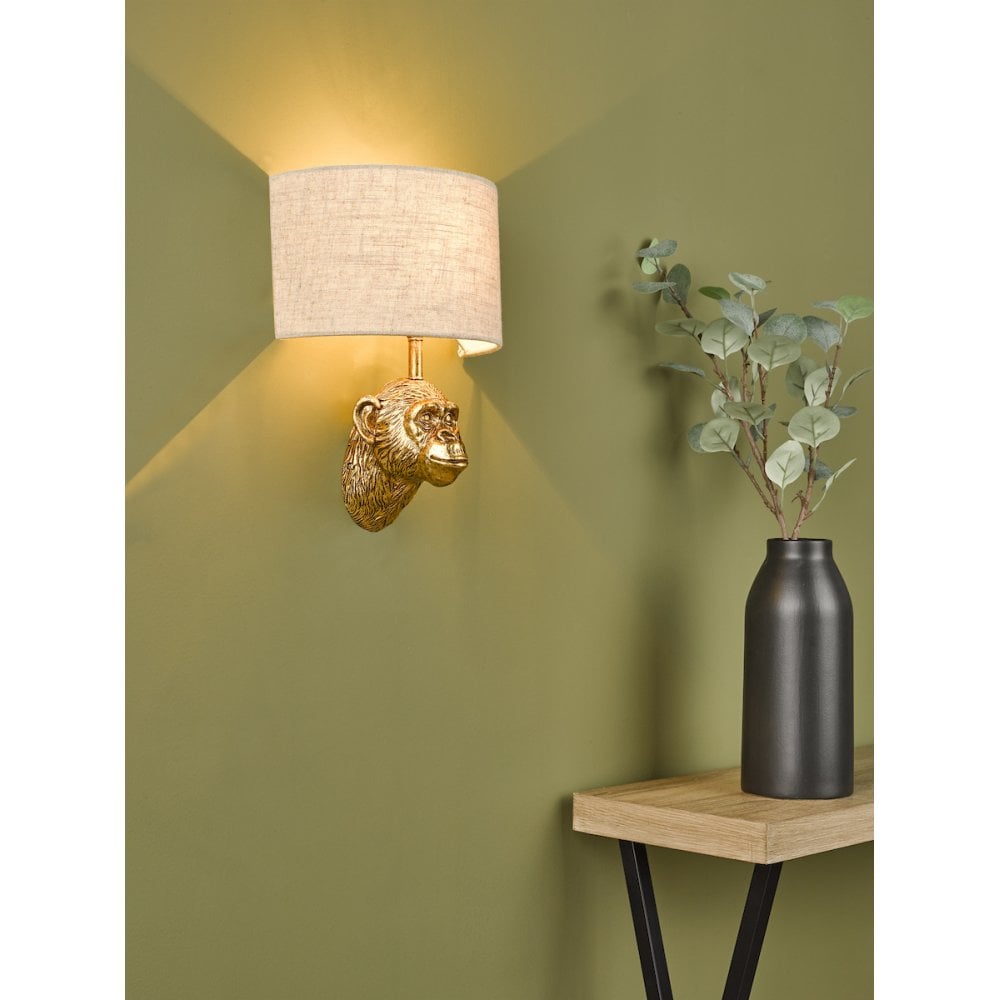 Dar RAU0735 Raul Monkey Wall Light Gold With Natural Linen Shade