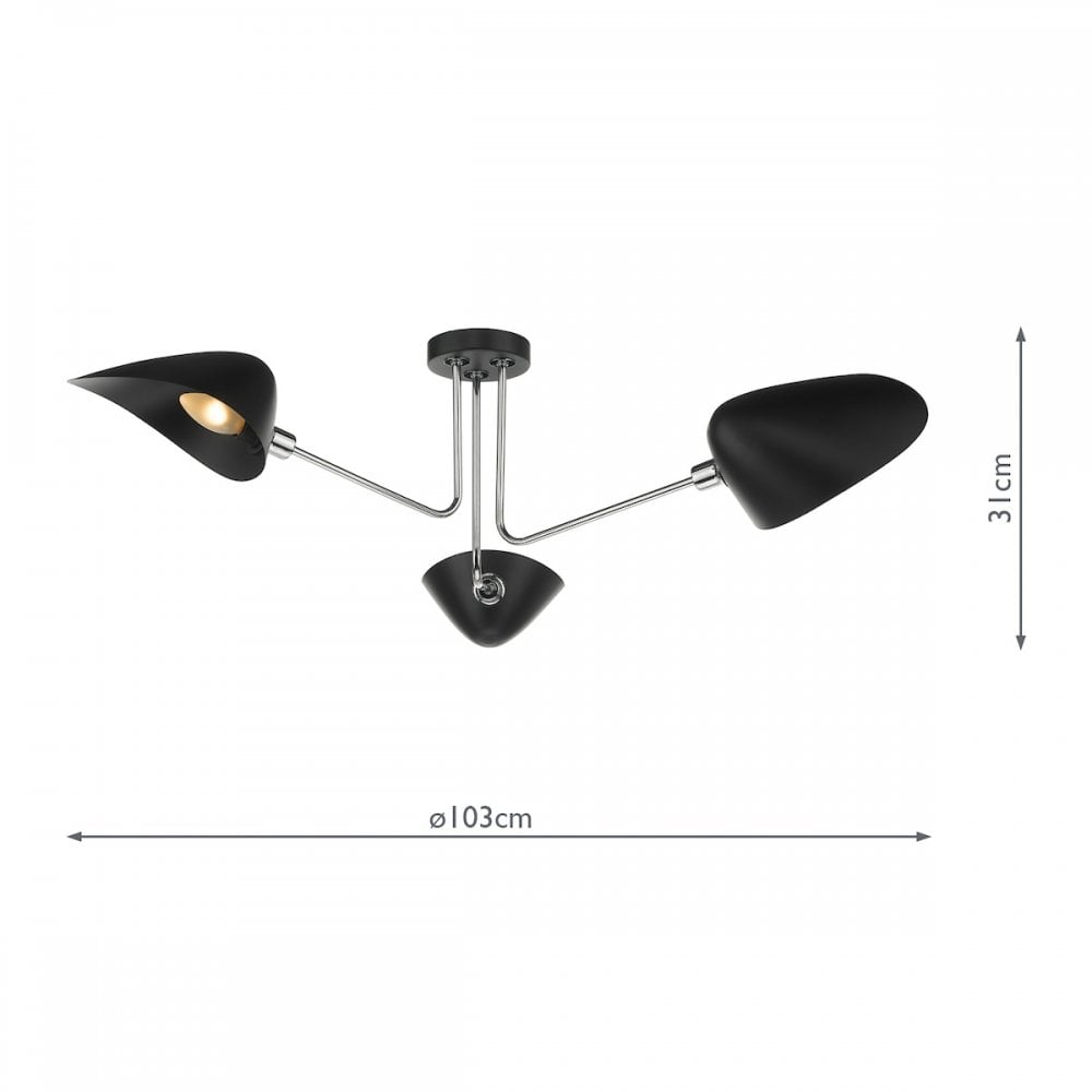Dar SEB0322 Sebastian 3 Light Semi Flush Matt Black Polished Chrome