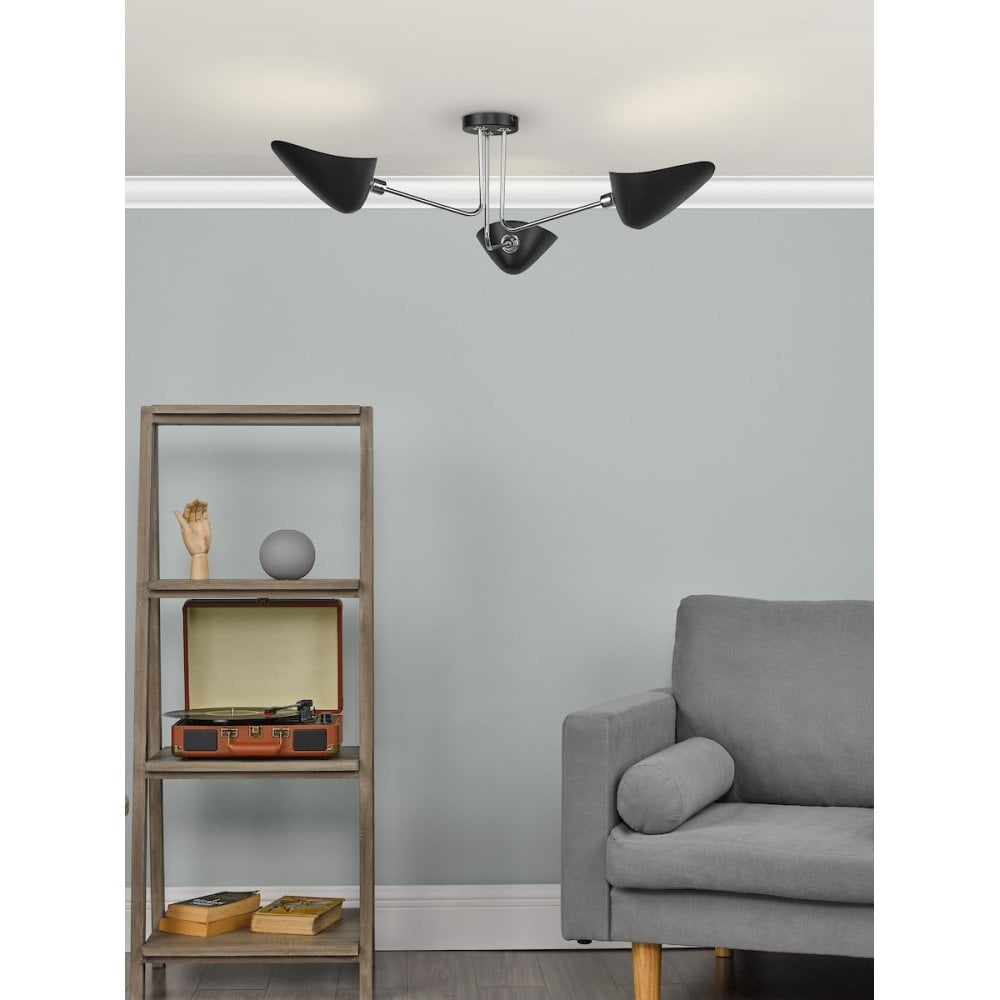 Dar SEB0322 Sebastian 3 Light Semi Flush Matt Black Polished Chrome
