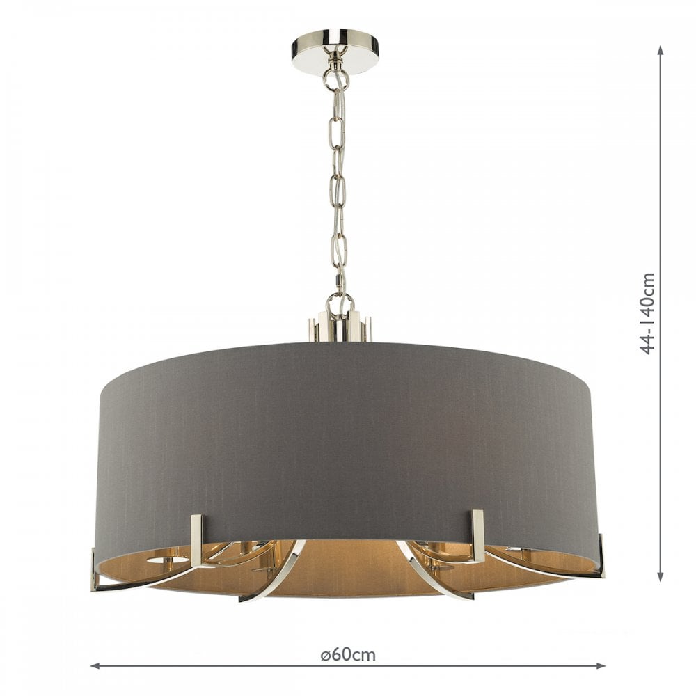 Dar VEY0639 Veyron 6 Light Pendant Polished Nickel With Grey Shade