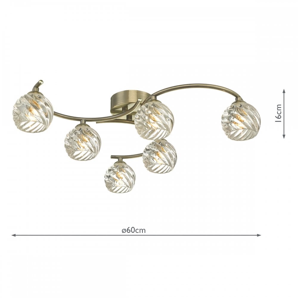 Dar NAK6475-05 Nakita 6 Light Semi Flush Antique Brass With Twisted Open Glass
