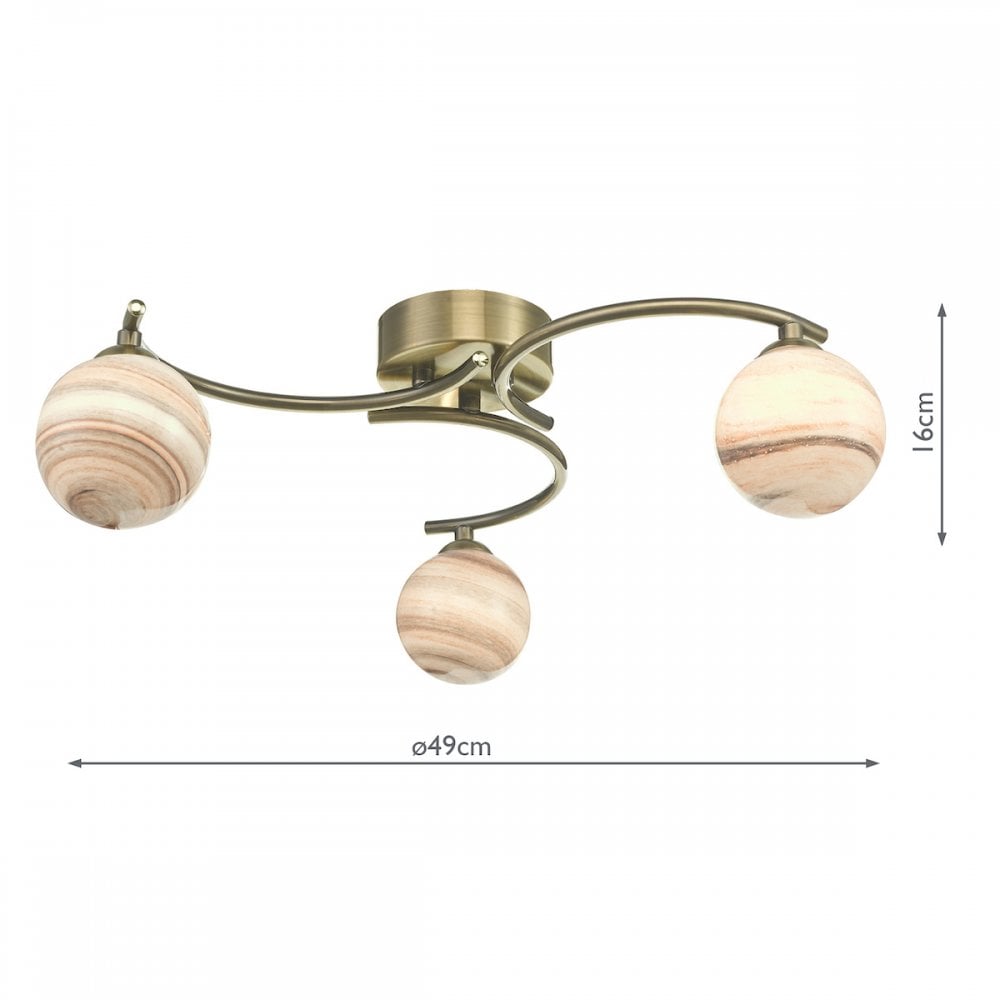 Dar ATI5375-07 Atiya 3 Light Semi Flush Antique Brass With Planet Style Glass