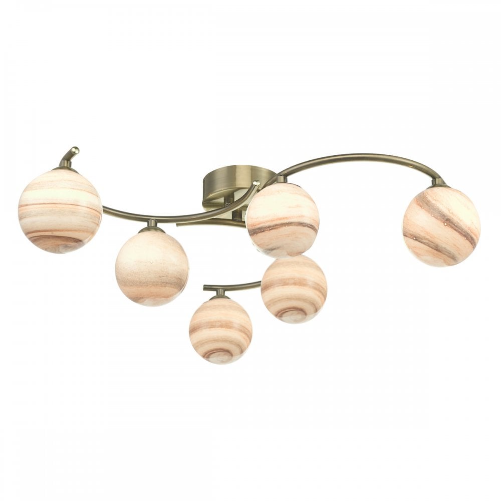 Dar ATI6475-07 Atiya 6 Light Semi Flush Ceiling Light Antique Brass With Planet Art Glass