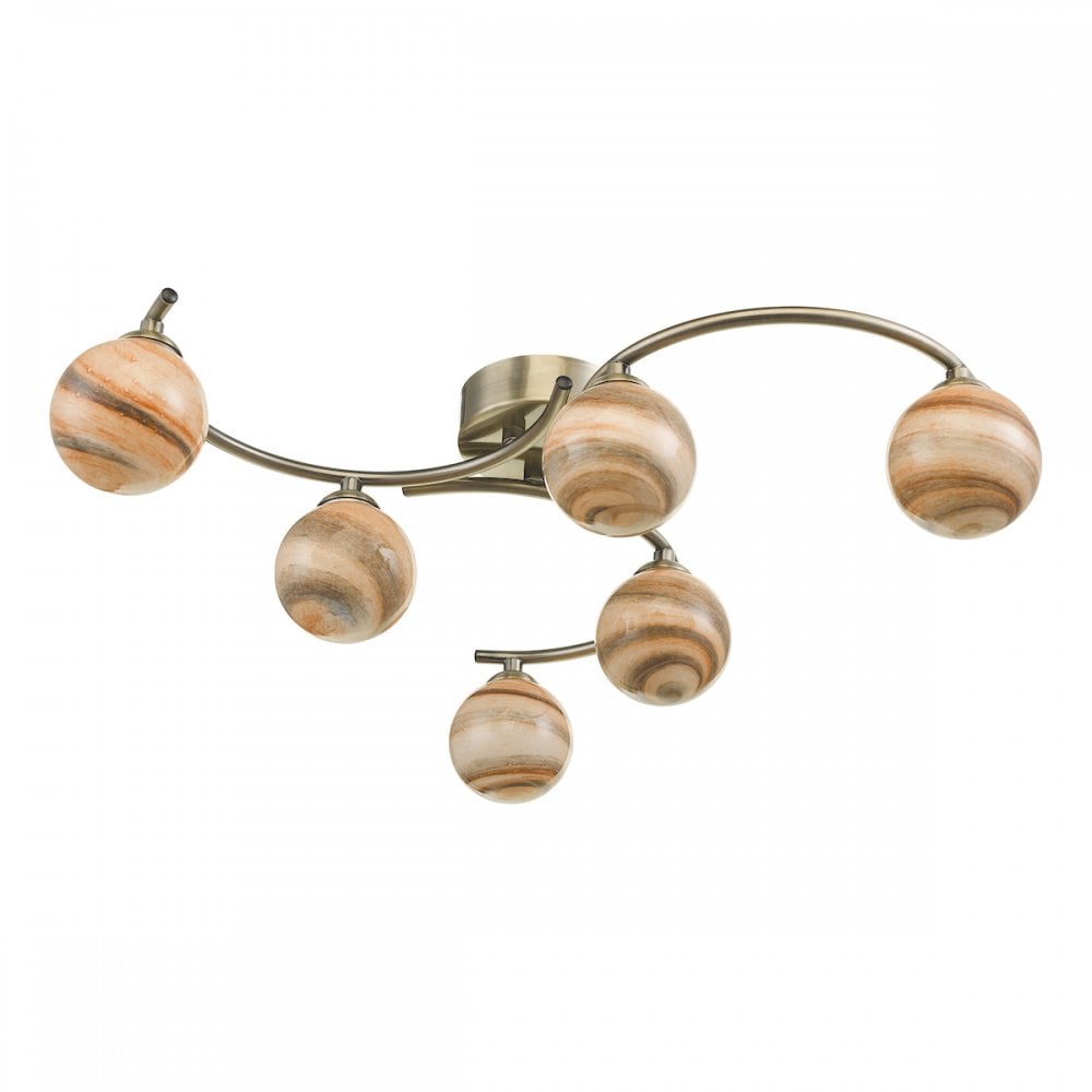 Dar ATI6475-07 Atiya 6 Light Semi Flush Ceiling Light Antique Brass With Planet Art Glass