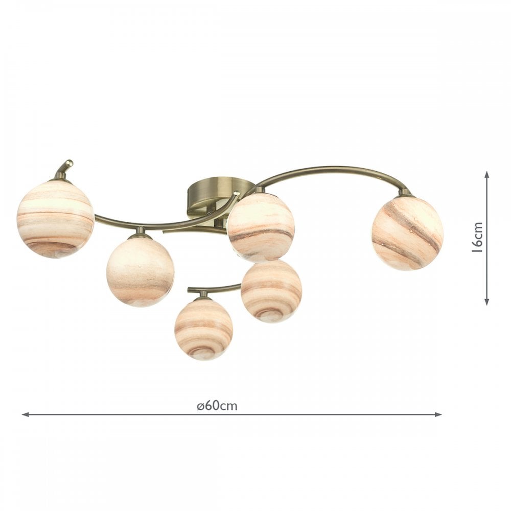 Dar ATI6475-07 Atiya 6 Light Semi Flush Ceiling Light Antique Brass With Planet Art Glass