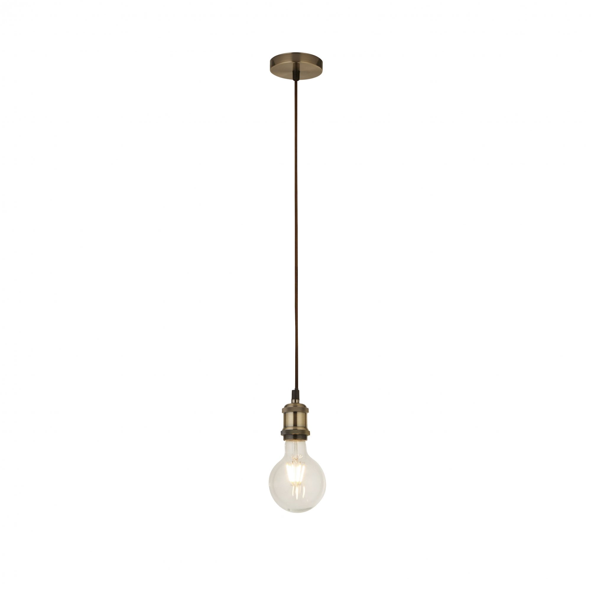 7461AB Antique Brass 1 Light Cable Suspension With 1.5mtr Brown Textile Cable