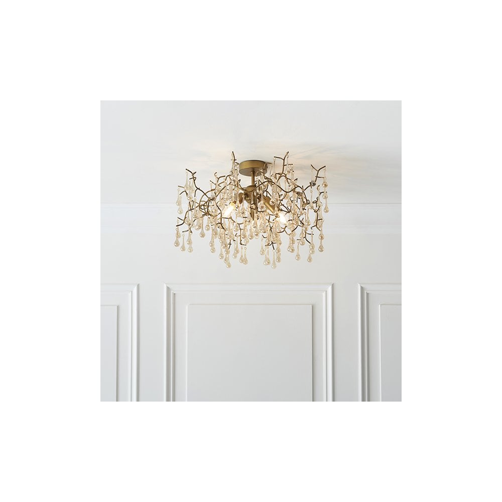 81696 3 Light Semi Flush Ceiling Light Aged Gold Paint & Champagne Lustre Glass