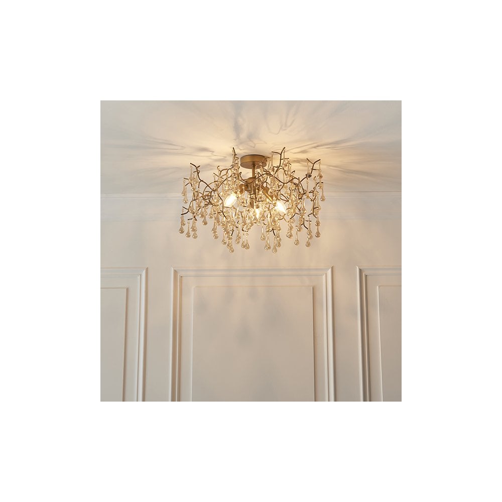 81696 3 Light Semi Flush Ceiling Light Aged Gold Paint & Champagne Lustre Glass