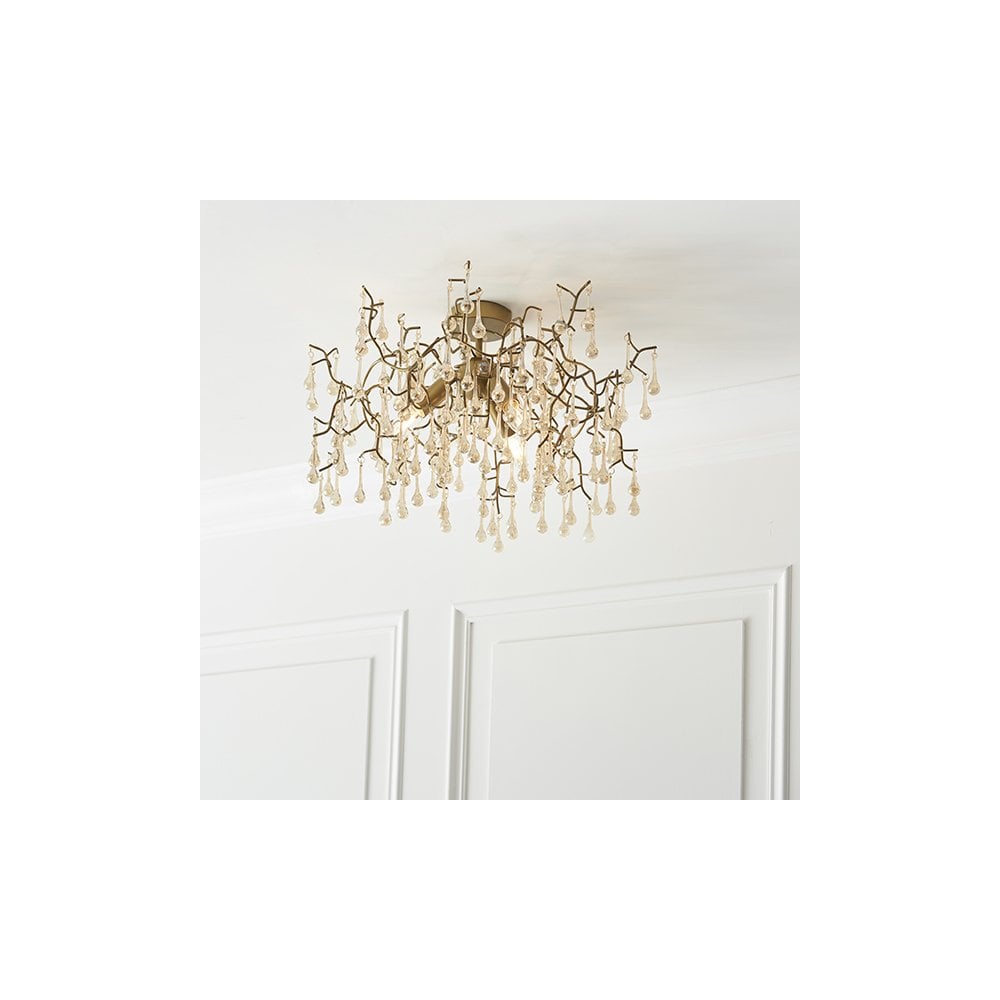 81696 3 Light Semi Flush Ceiling Light Aged Gold Paint & Champagne Lustre Glass